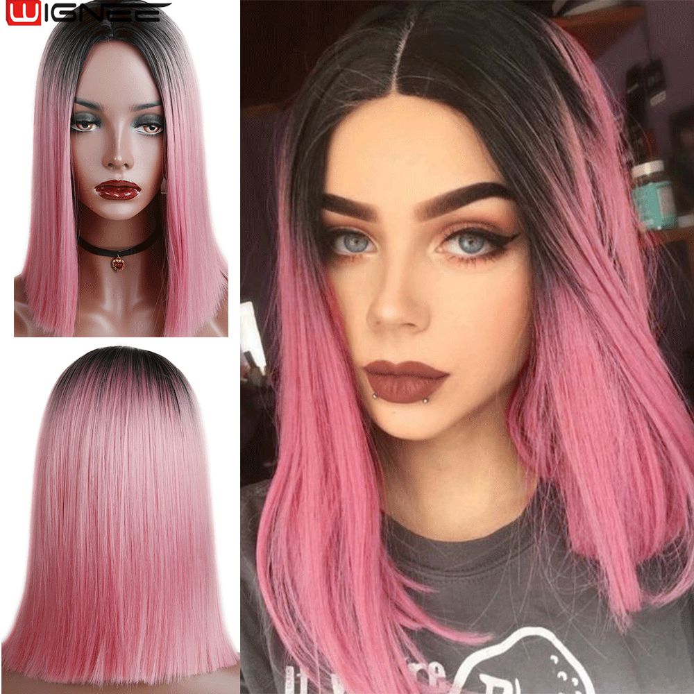 Wignee 2 Tone Ombre Purple Synthetic Middle Part Short Straight Hair Cosplay Party Daily Hair Wig