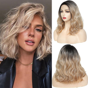 Open image in slideshow, Synthetic Lace Front Wigs X-TRESS Ombre Brown Blonde Natural Wave Daily Use Side Part 12&#39;&#39; Short Bob L Part Lace Wig
