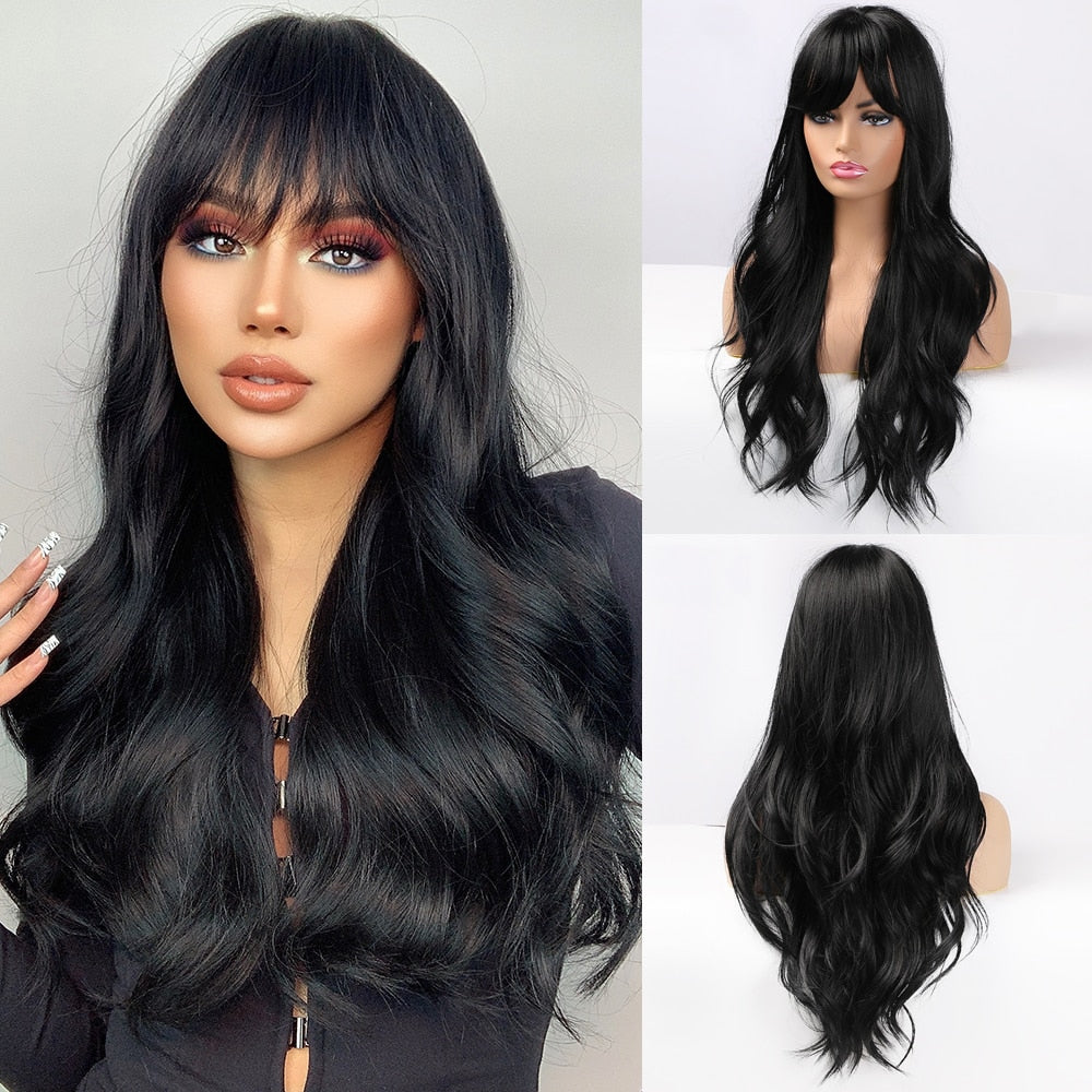 GEMMA Long Wavy Black Brown Gray Ash White Ombre Synthetic with Bangs Cosplay Daily Party Wig  Heat Resistant Hair