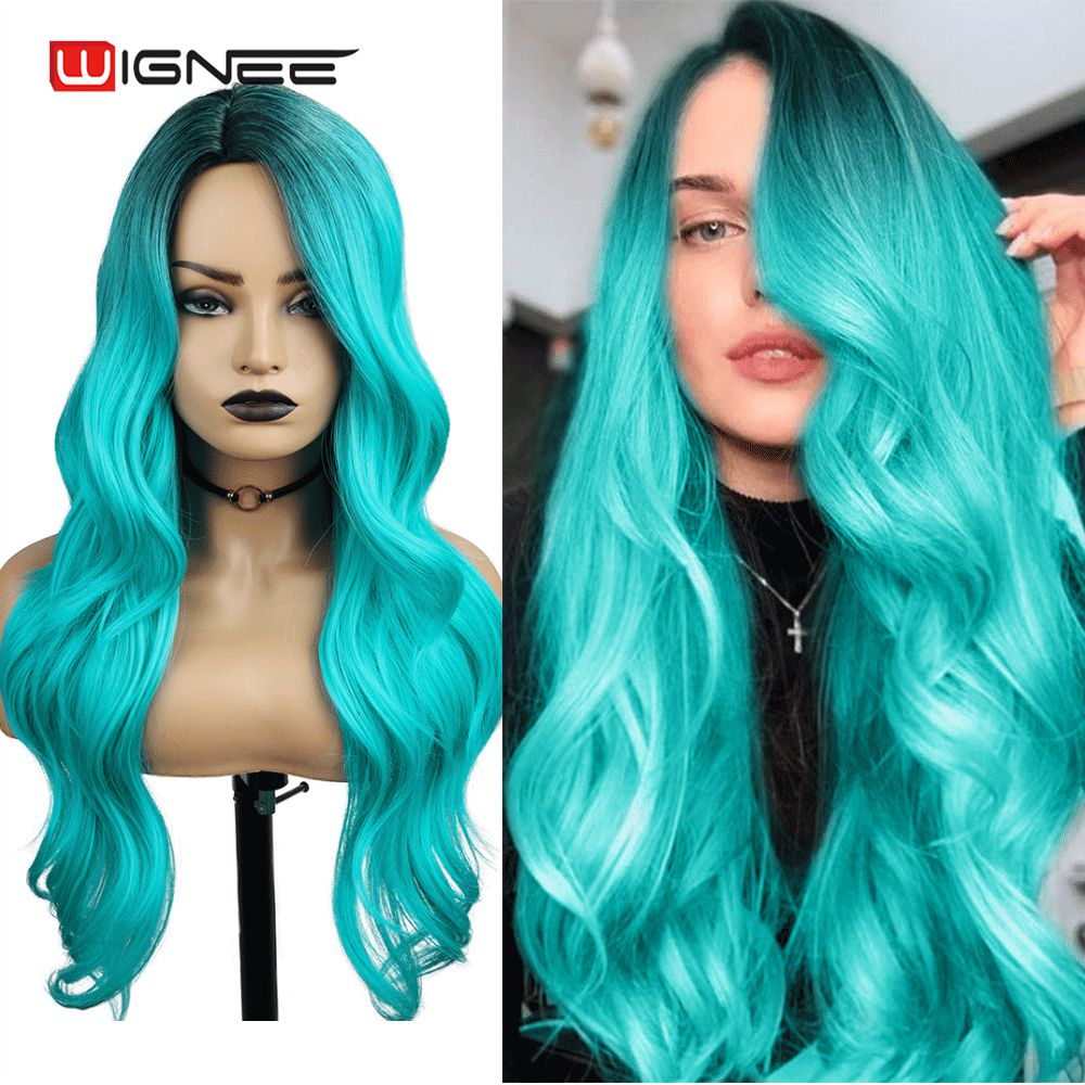 Wignee Long Synthetic Wigs Green Wavy Middle Part Daily/Party/Cosplay Heat Resistant Natural Glueless False Hair