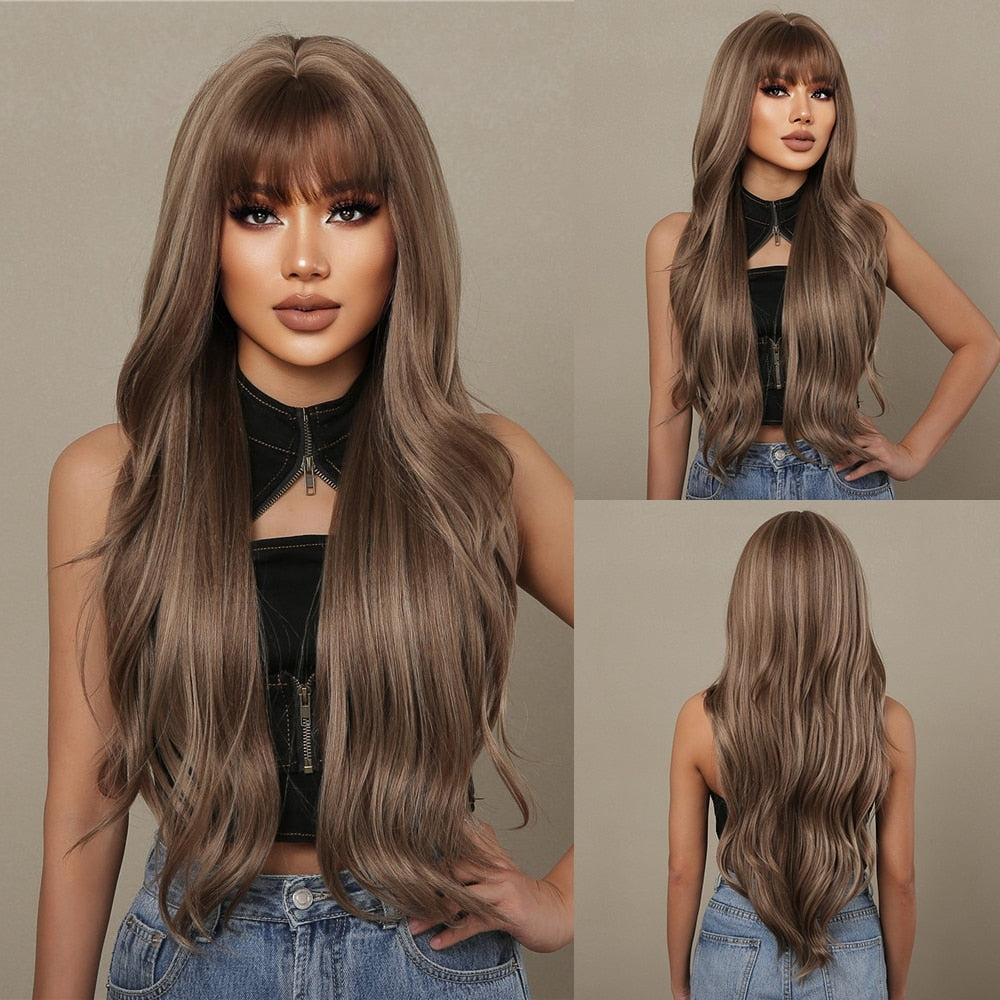 HAIRCUBE Brown Mixed Blonde Synthetic Wigs with Bang Long Natural Wavy Hair Wig Cosplay