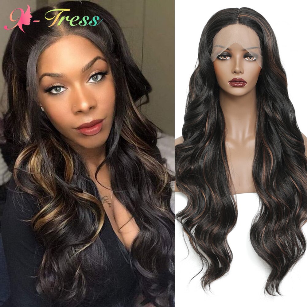 X-TRESS Synthetic Lace Front Highlight Blonde Wigs Long Body Wave