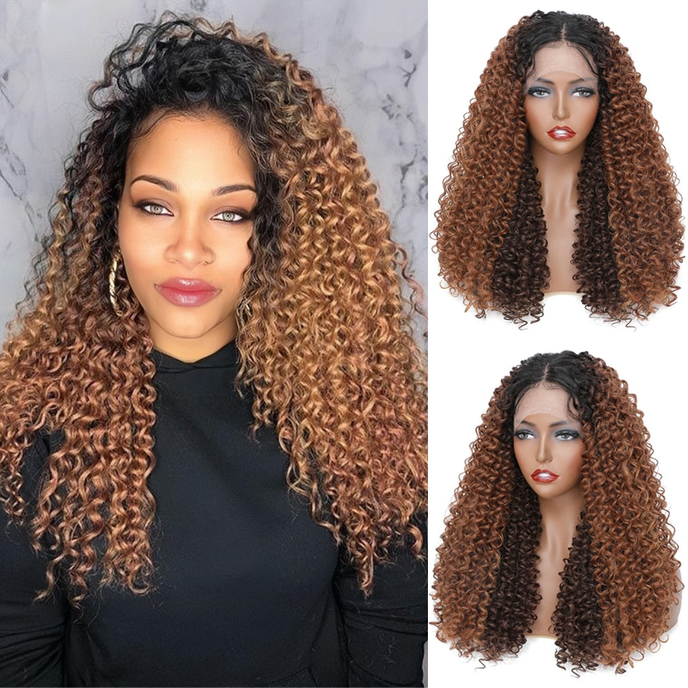 X-TRESS Lace Front Wig Synthetic Kinky Curly Wigs With Baby Hair 26 Inch Dark Brown T Part Transparent Lace Wig