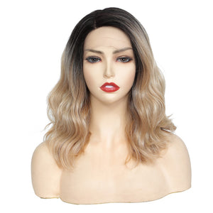 Synthetic Lace Front Wigs X-TRESS Ombre Brown Blonde Natural Wave Daily Use Side Part 12&#39;&#39; Short Bob L Part Lace Wig