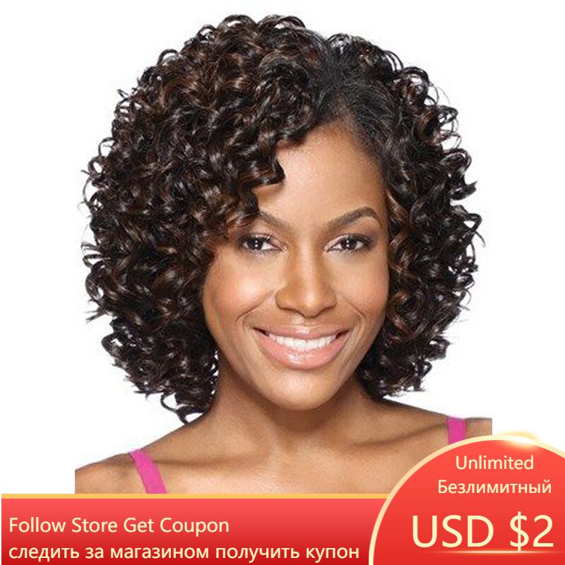 GNIMEGIL Synthetic Curly Wigs Short Bob Natural Afro Mix Brown Hair