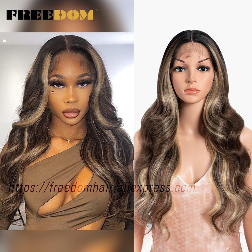 FREEDOM 13X4 Synthetic Lace Front Wigs Body Wave Ombre Blonde Brown Ginger