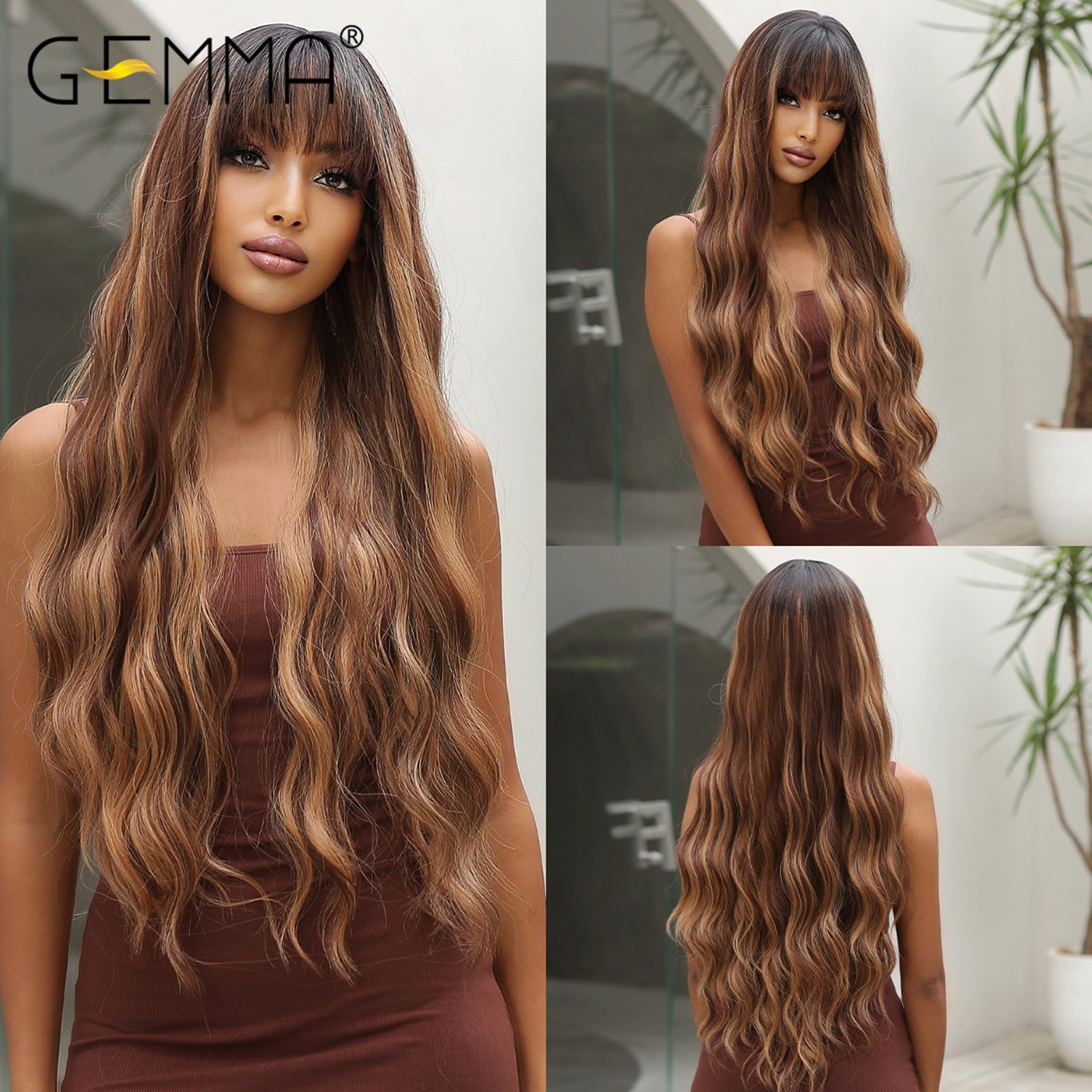 GEMMA Long Wavy Ombre Brown Purple Synthetic Wigs Heat Resistant Natural Middle Part Cosplay Party Lolita Hair Wigs