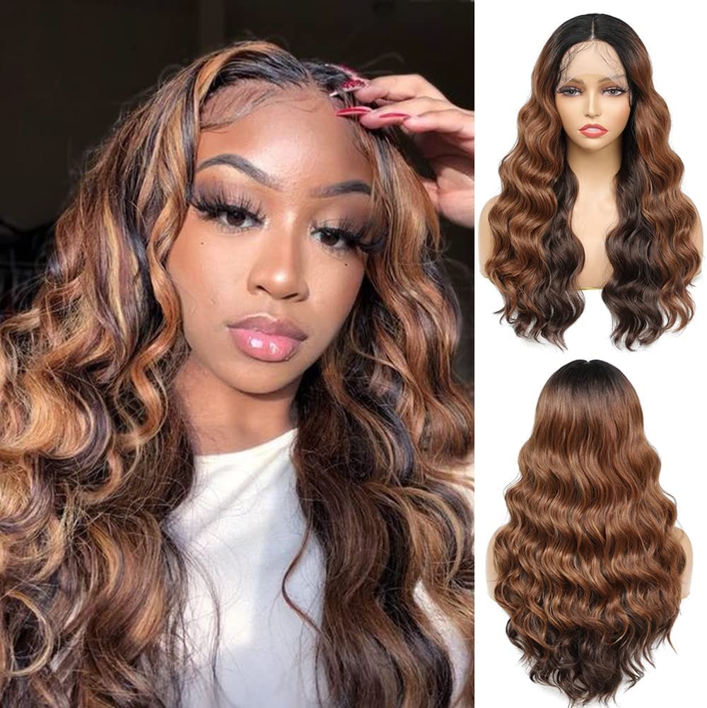 X-TRESS Ombre Brown Synthetic Loose Wave Lace Front Wigs Daily Honey Brown Fashion Wig Gift High Temperature Fiber