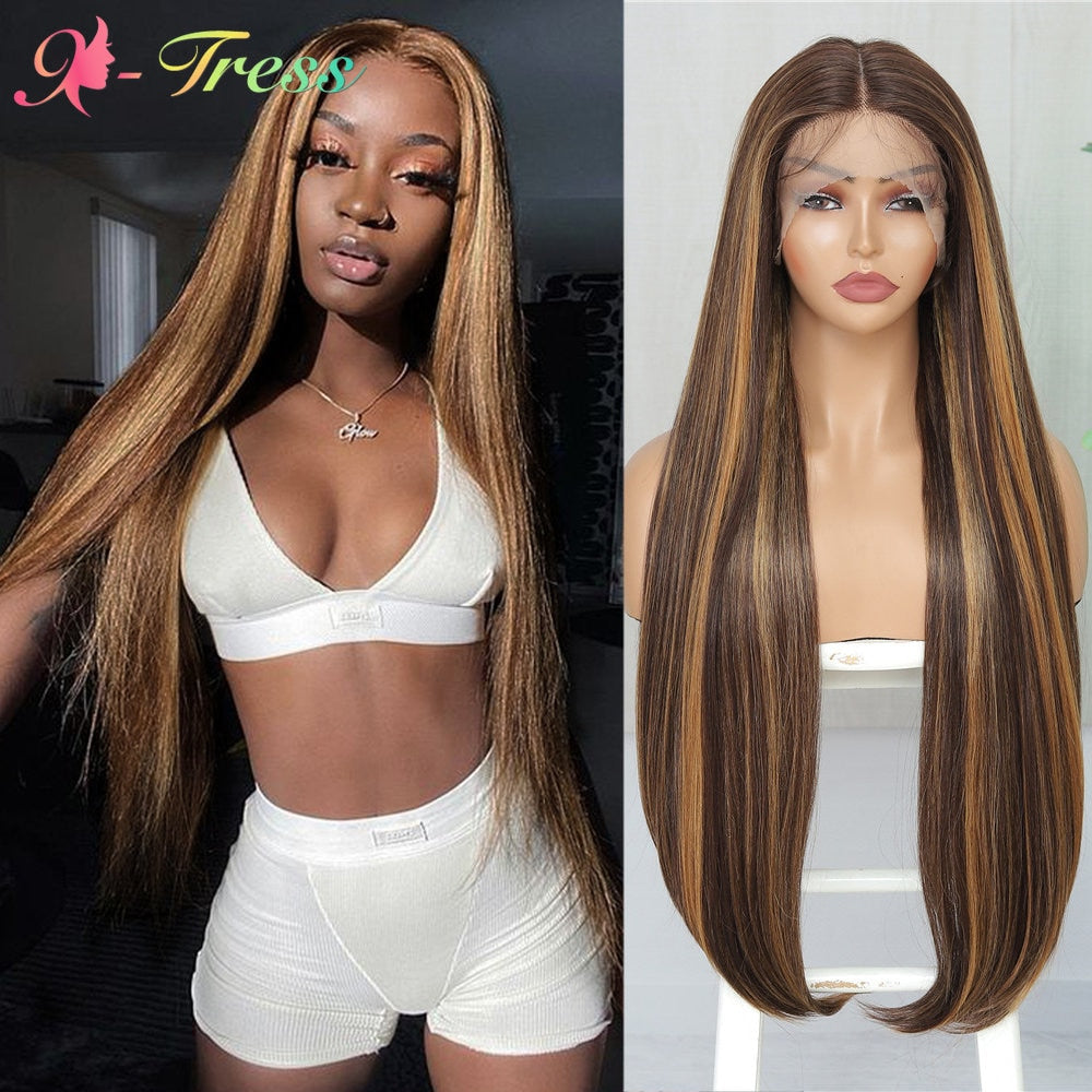 X-TRESS 32 Inch Straight Highlight Lace Front Wig Ombre Honey Blonde Colored Synthetic Lace Wigs with Baby Hair