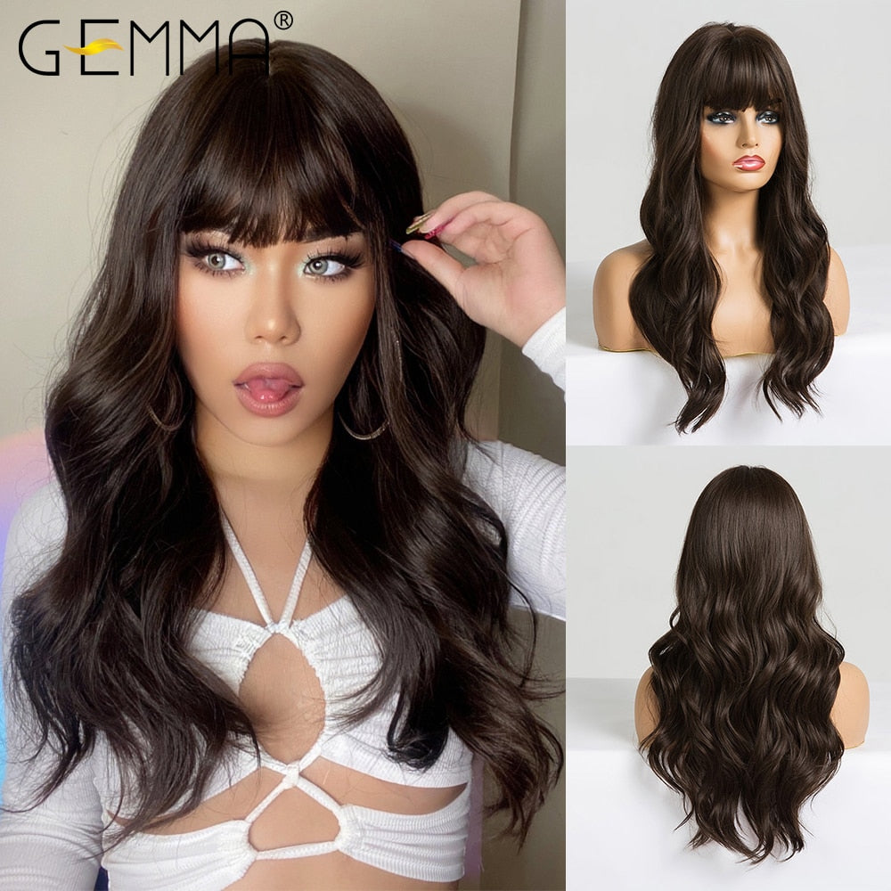 GEMMA Red Brown Copper Ginger Long Straight Synthetic Wigs Natural Wave Wigs with Bangs Heat Resistant Cosplay Hair