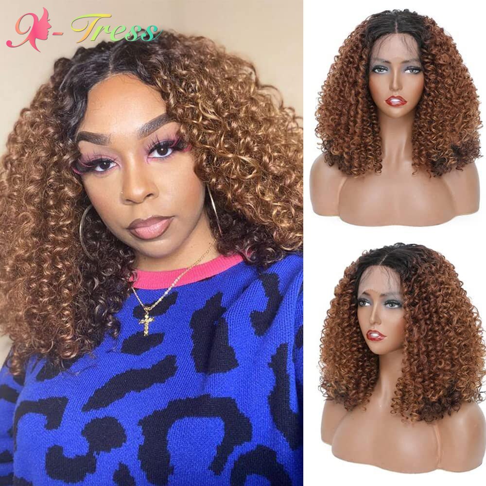X-TRESS Ombre Brown Kinky Curly Lace Front Wigs Synthetic With Baby Hair 18 Inch Middle Part Daily Lace Wigs