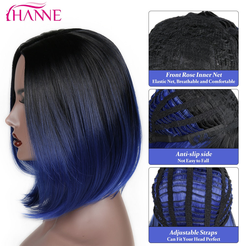 HANNE Short Bob Wigs Side Part Ombre Black to Blue/Gray/Green/Purple High Temperature Fiber  Synthetic Wigs