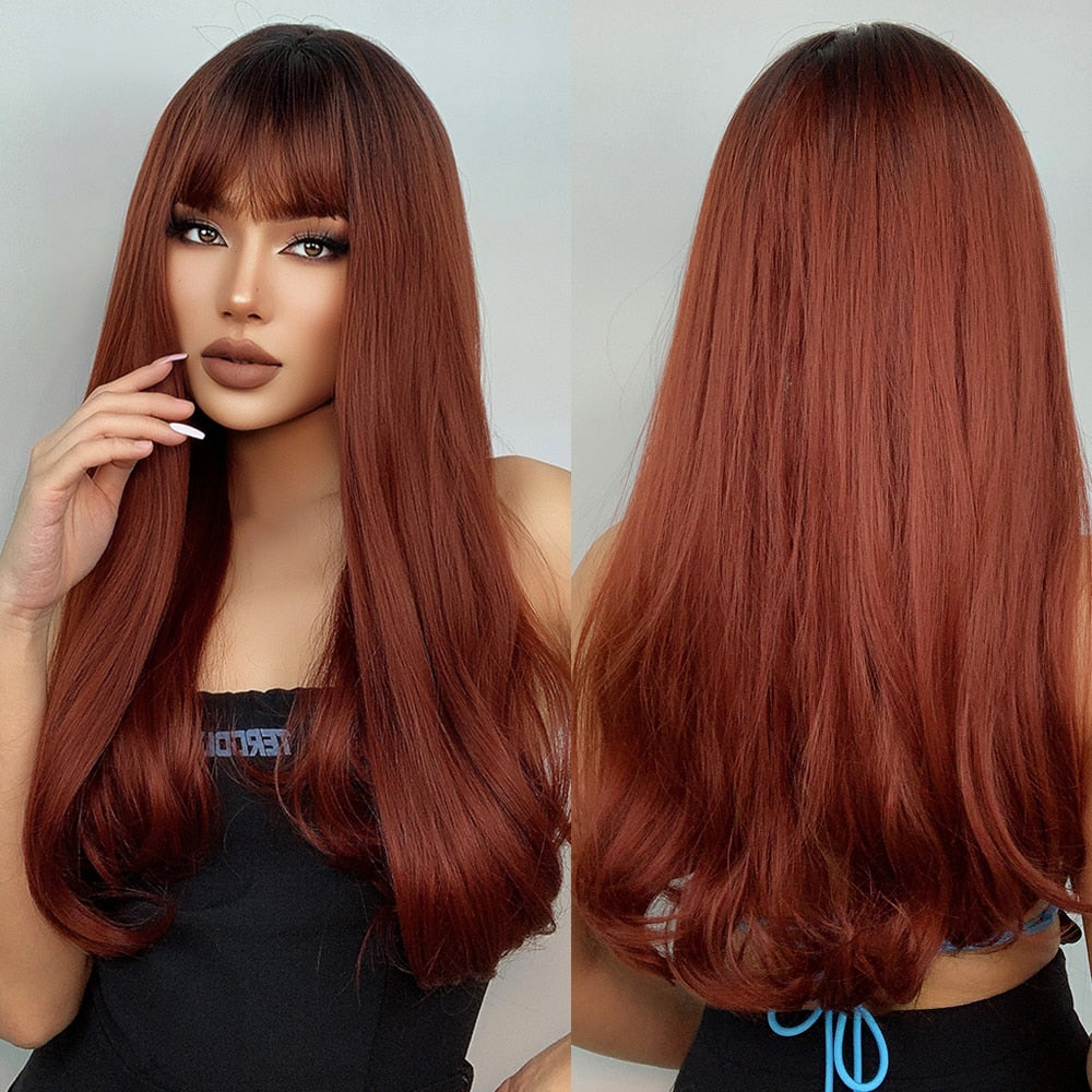 Wine Burgundy Red Long Wavy Synthetic Hair Wigs Orange Red Body Wave Cosplay Natural Wig Heat Resistant