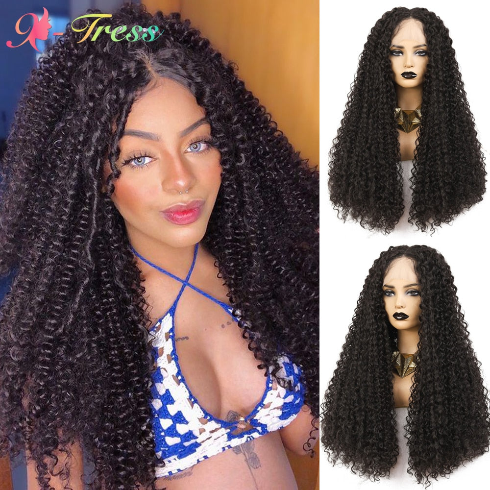 X-TRESS Lace Front Wig Synthetic Kinky Curly Wigs With Baby Hair 26 Inch Dark Brown T Part Transparent Lace Wig