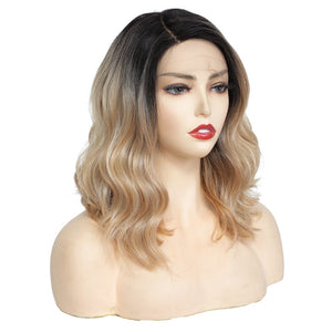 Synthetic Lace Front Wigs X-TRESS Ombre Brown Blonde Natural Wave Daily Use Side Part 12&#39;&#39; Short Bob L Part Lace Wig