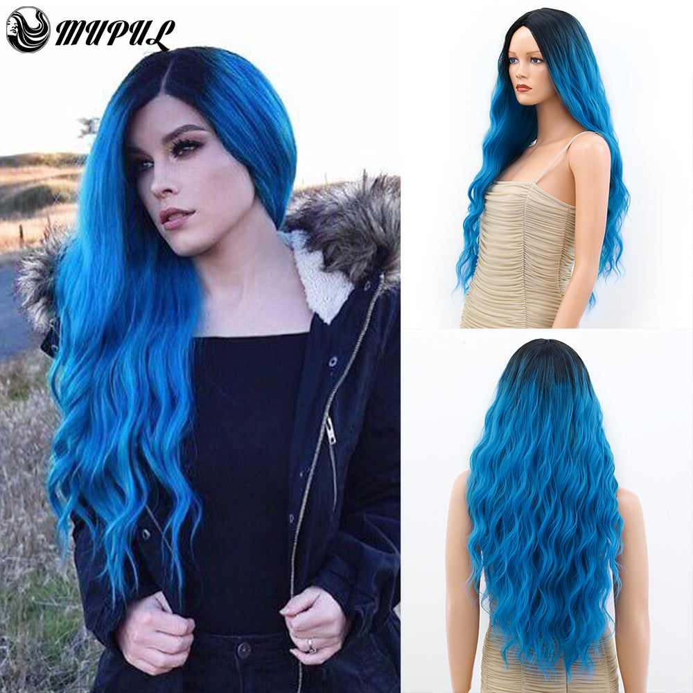 Synthetic Wig For Woman Blue Colored Ombre Long Body Water Wave Wig Cosplay